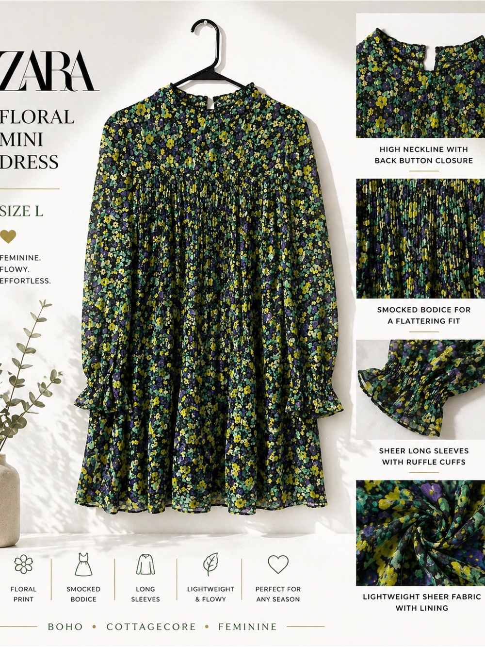 ZARA Floral Mini Dress Size L Sheer Long Sleeve Smocked Boho Cottagecore